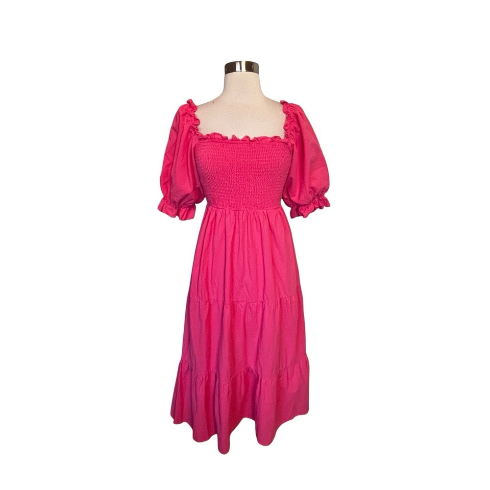 Tuckernuck Pomander Place Hannah Dress Large Pink Smocked Midi Puff Sleeve